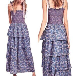 LoveShackFancy Caressa Tiered Floral-Print Maxi Dress in Beach Blue Purple Sz XS